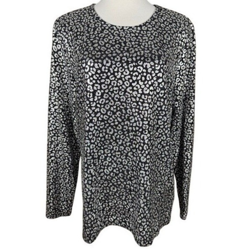Michael Michael Kors Silver Metallic Leopard‎ Print Long Sleeve Top XXL